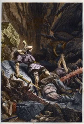 Morte del cavaliere Rolando, nipote di Carlo Magno, nella battaglia di Roncisvalle (778) contro l