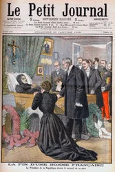 Morte della madre del Presidente Loubet di Francia. La fine di una buona francese. Il Presidente della Repubblica davanti alla bara di sua madre. Illustrazione per Le Petit Journal, 29 gennaio 1905