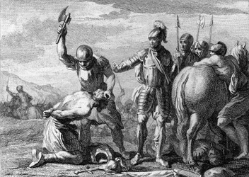 Decapitazione di Siagrio, 486: esecuzione del generale romano Siagrio (430-486) sconfitto nella battaglia di Soissons dalle truppe di Clodoveo I. Incisione del XVIII secolo