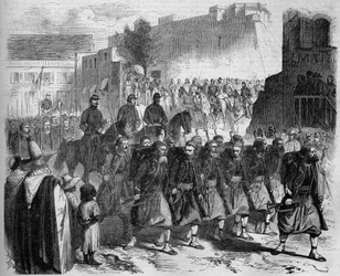 Sfilata del 2° Zuavi, di ritorno dalla Cabilia, davanti al generale de Montauban. Orano, Algeria