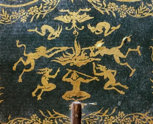 Demoni e capre che soffiano sul fuoco satanico, ventaglio creato come dispositivo pubblicitario per l