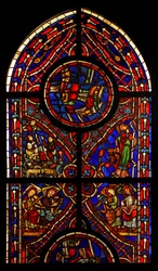 Parte di una finestra della chiesa di Varennes-Jarcy; scene includono l
