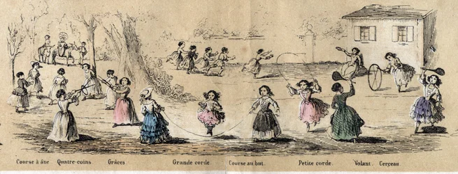 Descrizione dei passatempi e giochi dei bambini: giochi delle bambine, gioco dei quattro angoli, salto della corda, corsa per il traguardo, cerchio e volante. Tavola "I giochi dell