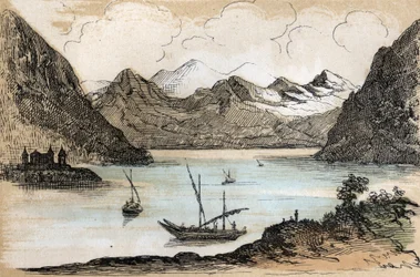 Descrizione dei diversi tipi di paesaggi e rilievi secondo la geografia: dettaglio raffigurante il Lago di Ginevra. Tavola "Geografia fisica" in "Le ricreazioni istruttive". Dipinto sinottico di Jules Delbruck, incisione del 1860.