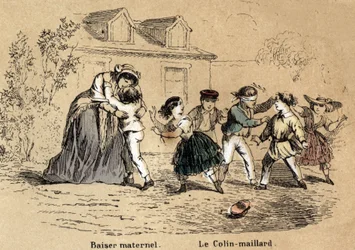 Descrizione dei cinque sensi: il tatto, una madre che abbraccia il suo bambino per contatto materno e il gioco del collin-aillard. Tavola "I cinque sensi" in "Les Recreations instructives". Dipinto sinottico di Jules Delbruck, incisione del 1860. Collezion
