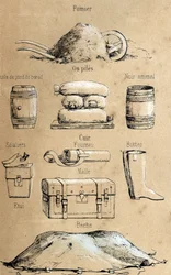 Descrizione dei vari prodotti e usi della mucca: tutti i tipi di oggetti fatti dalla mucca (olio di piede di bue, oggetti in pelle, letame). Tavola "La coache et ses produits" in "les Récréations instructives" Sinottico dipinto di Jules DELBRUCK, incisione