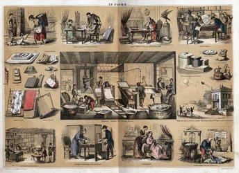 Descrizione dei vari prodotti e usi della carta: al centro attività in una cartoleria, produzione di carta da stracci, polpa, forme e pressa. Vari usi, carta da disegno, Buffon scienziato che scrive la sua Storia Naturale, lettura di giornali pubblici