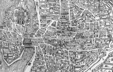 Dettaglio di una mappa di Parigi nel regno di Enrico II che mostra il quartiere des Ecoles, 1552