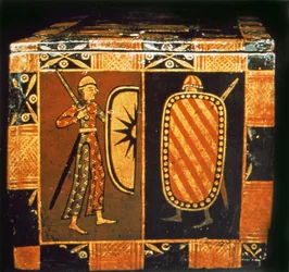 Dettaglio di un cassone nuziale raffigurante soldati vestiti per la battaglia