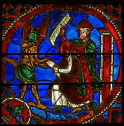(dettaglio) da una vetrata raffigurante scene dal miracolo di Teofilo