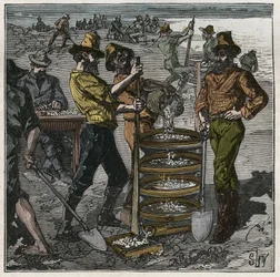 Lavaggio dei diamanti in Sudafrica nel XIX secolo. Incisione del 1885 in “Les arts et metiers illustres” di Adolphe Bitard.