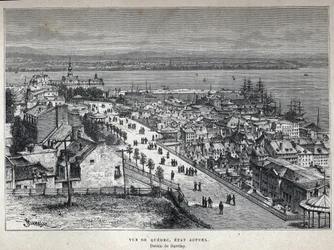 Scopri il Canada: vista della città di Quebec alla fine del XIX secolo. Disegno di Barclay. Incisione della fine del XIX secolo in "La nouvelle France" di Eugene Guenin