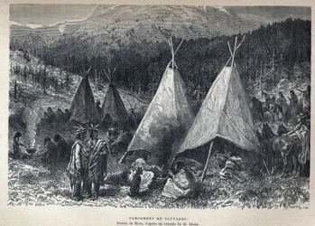 Scoperta del Canada: Campo indiano americano con teepee. Disegno di Riou da uno schizzo di Dixon. Incisione della fine del XIX secolo in "La nouvelle France" di Eugene Guenin