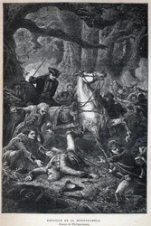 Scoperta del Canada: Battaglia di Monongahela nel 1755 durante la Guerra dei sette anni. Disegno di Philippoteaux. Incisione della fine del XIX secolo in "La nouvelle France" di Eugene Guenin