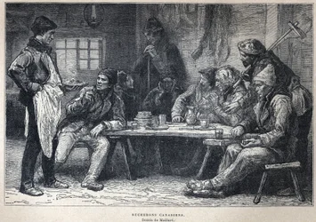 Scoperta del Canada: boscaioli canadesi. Disegno di Maillard. Incisione della fine del XIX secolo in "La nouvelle France" di Eugene Guenin