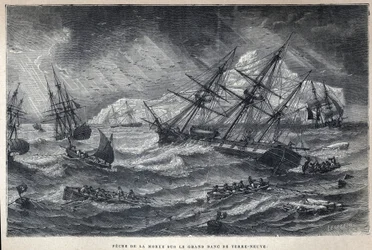 Scoperta del Canada: Pesca del merluzzo sul Grand Bank di Terranova. Incisione della fine del XIX secolo in "La nouvelle France" di Eugene Guenin