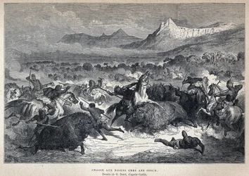 Scoperta del Canada: Caccia al bisonte dei Sioux. Disegno di Gustave Doré dopo Catlin. Incisione della fine del XIX secolo in "La nouvelle France" di Eugene Guenin