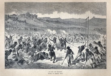 Scoperta del Canada: Sport. Il gioco di lacrosse degli indiani americani. Disegno di Gustave Doré. Incisione della fine del XIX secolo in 