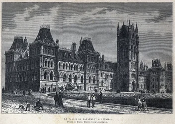 Scoperta del Canada: il Palazzo del Parlamento a Ottawa. Disegno di Deroy da una fotografia. Incisione della fine del XIX secolo in 