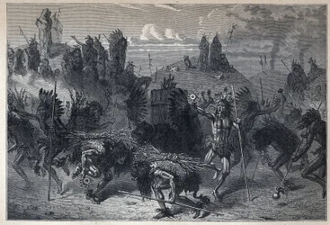 Scoperta del Canada: La danza del bisonte nei Mondanes. Incisione della fine del XIX secolo in "La nouvelle France" di Eugene Guenin