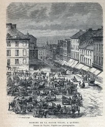Scoperta del Canada: Marcia dalla città alta a Quebec. Disegno di Taylor da una fotografia. Incisione della fine del XIX secolo in "La nouvelle France" di Eugene Guenin