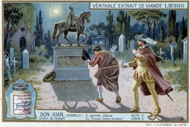 Don Giovanni: Atto II, Scena X, Don Giovanni al cimitero e statua del Comandante - chromo Liebig