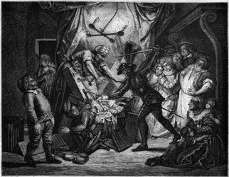Don Chisciotte combatte i burattini che pensa siano Mori. Incisione di V. Beauce dopo il dipinto di Charles Antoine Coypel (1694 - 1752) che illustra il romanzo di Cervantes (1547-1616). In 