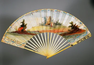 Ventaglio a doppia foglia dipinto con scena pastorale, coste in avorio e argento, ca 1760, retro