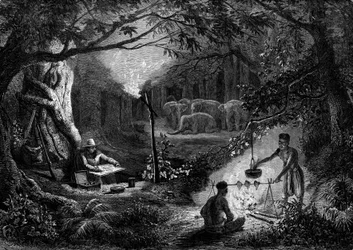 Disegno: un viaggiatore disegna una scena di costumi alla luce di una torcia. Incisione in 