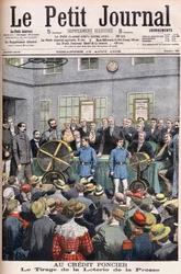Disegno della Lotteria della Stampa negli uffici del Credit Foncier di Francia a Parigi. Credito fondiario. Il sorteggio della Lotteria della Stampa. Illustrazione per Le petit Journal