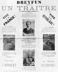 Dreyfus è un traditore, manifesto con i ritratti dei suoi detrattori, fine XIX secolo