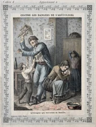 Ubriaco che terrorizza la sua famiglia, copertina di un quaderno scolastico, c.1900