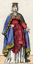 Dinastia dei Capetingi: Ritratto di Isabella di Hainaut (1170-1190) Regina di Francia, moglie di Filippo II detto Filippo Augusto (1165-1223). Immagine di Epinal della fine del XIX secolo. Collezione privata.