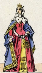 Dinastia dei Capetingi: Ritratto di Giovanna I di Navarra, regina di Francia, moglie di Filippo IV di Francia, detto Filippo il Bello. Immagine di Epinal della fine del XIX secolo. Collezione privata.