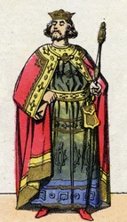 Dinastia capetingia: Ritratto di Luigi VI il Grosso (1081-1137), Re dei Franchi dal 1108 al 1137. Immagine di Epinal della fine del XIX secolo. Collezione privata.