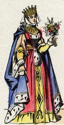 Dinastia dei Capetingi: Ritratto di Margherita di Provenza (1221-1295), Regina di Francia, moglie di Luigi IX di Francia (1214-1270). Immagine di Epinal fine XIX secolo. Collezione privata