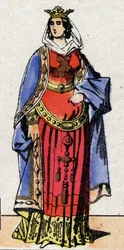 Dinastia dei Carolingi: Ritratto di Bertrade o Berta di Laon detta Berta dal Gran Piede, regina dei Franchi, moglie di Pipino il Breve. Immagine di Epinal della fine del XIX secolo. Collezione privata.