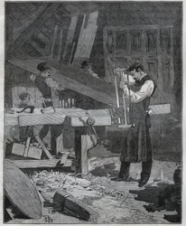 Ebanisteria: lavoratore ebanista che spacca una tavola. Incisione del 1885 in “Les arts et metiers illustres” di Adolphe Bitard.