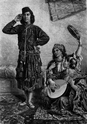 Musicisti e ballerini egiziani. Uomo tiene cembali tra le dita. Incisione in "Le Journal de la jeunesse"