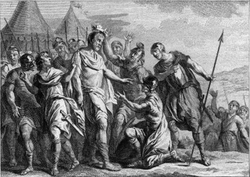 Elezione di Meroveo a capo dei Franchi Salii nel 448. Primo re merovingio, regnò fino al 458. Incisione del XVIII secolo.