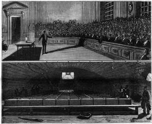 Esperimento di luce elettrica eseguito nel 1813 da Humphry Davy (1778-1829), nel suo corso di chimica alla Royal Institution di Londra (Inghilterra). Incisione in "La Nature. Revue des sciences et de ses applications aux arts et à l