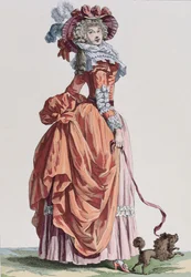 Donna elegante con il suo cagnolino, tavola di moda dalla Galerie des Modes et Costumes Français, incisa da Bacquoy (incisione a colori)