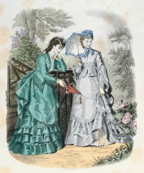 Donne eleganti in un giardino, da La Mode Illustrée, 1871