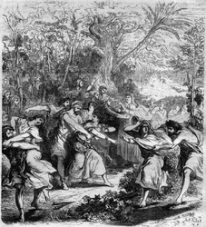 Imperatore Niceforo III Botaniate (1001-1081), imperatore bizantino dal 1078 al 1081, fece rapire i giovani ragazzi e ragazze. Incisione in 