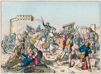 Eudes (Odon) (860-898), dinastia carolingia, guidò la battaglia contro i Normanni e difese vittoriosamente Parigi (885-887) - Eudes (860-898) in battaglia contro i Normanni - Incisione della fine del XIX secolo in "Nos Gires Nationales - Immagini e raccont