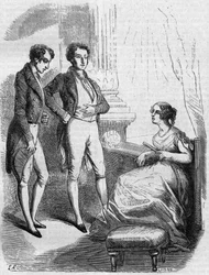 Eugène de Rastignac presentato a Madame de Nucingen dal Marchese di Adjuda. Incisione metà XIX secolo. Illustrazione per "Il padre Goriot" di Honoré de Balzac (1799-1850)