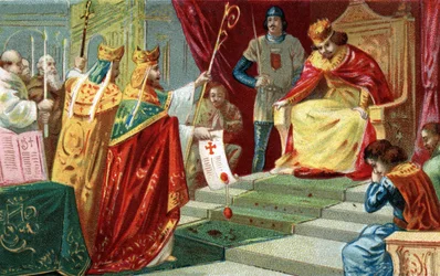 Scomunica di Roberto II il Pio nel 998. Il re di Francia, figlio di Ugo Capeto, si innamora e sposa sua cugina Berta di Borgogna nonostante la disapprovazione di Papa Gregorio V, che lo scomunica. Cromolitografia della fine del XIX secolo