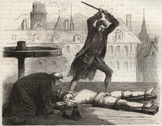 Esecuzione (Le torice de la roue) del velenatore Antoine-Francois Desrues (1744-1777) sulla Place des Greves a Parigi nel 1777 - Punizione di Desrues, spezzato sulla ruota sulla Place de Greve a Parigi