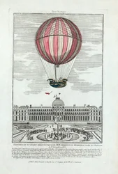 Esperimento del globo aerostatico di MM. Charles e Robert al Giardino delle Tuileries il 1 dicembre 1783, pub. 1783 (incisione colorata a mano)