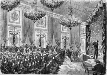 Esperimenti di fisica eseguiti da Henri Robin (circa 1803-1874) in onore dei migliori studenti dei licei di Parigi, uno spettacolo offerto dal Principe Imperiale al Palazzo delle Tuileries, il 27 gennaio 1865. Sono presenti: il Principe Imperiale, figlio d